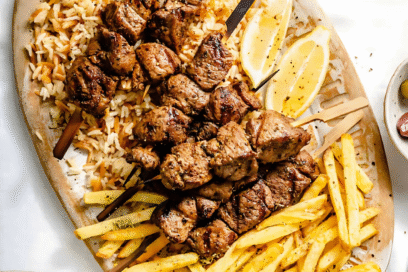 Lamb Skewers with Rice or French Fries