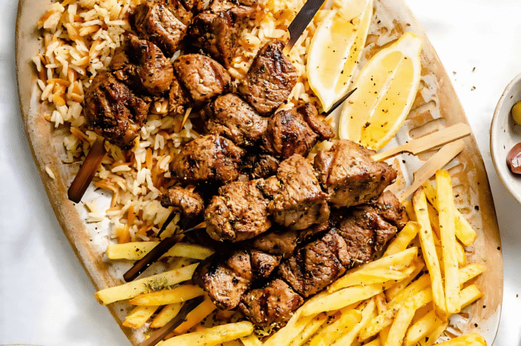Lamb Skewers with Rice or French Fries